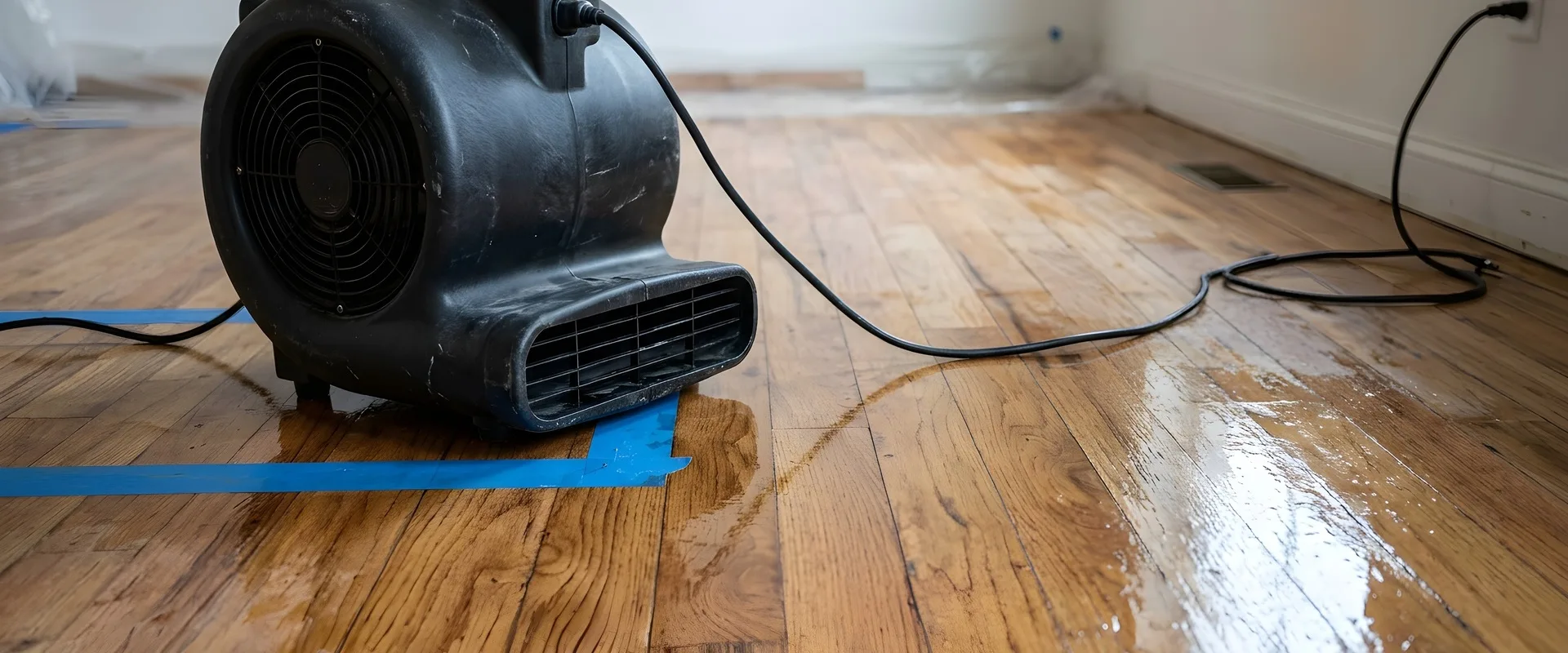 Commercial air mover drying a hardwood floor after water damage in Nashville